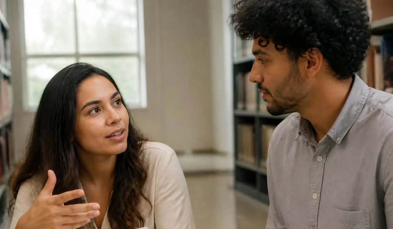 Pessoas conversando de pé junto às estantes antes de o encontro abrir